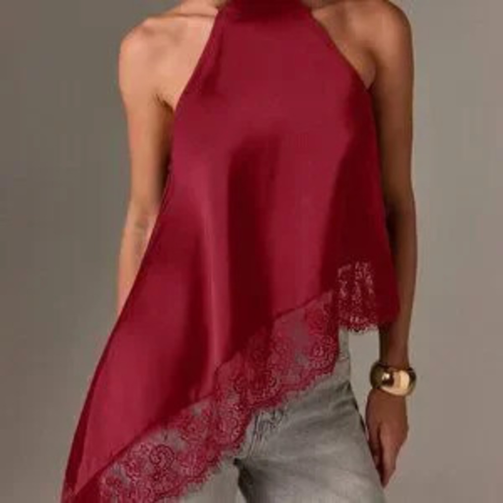 Burgundy elegant Women's Sleeveless High Neck Lace Trim Asymmetric Satin Top